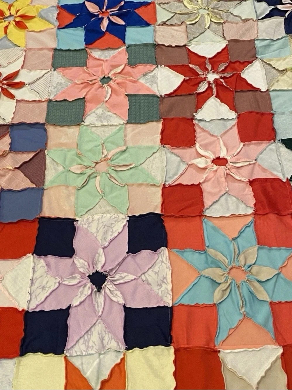 Vtg 70s Polyester Quilt Topper 87x87 Hand Stitched Dahlia Star Flower Retro